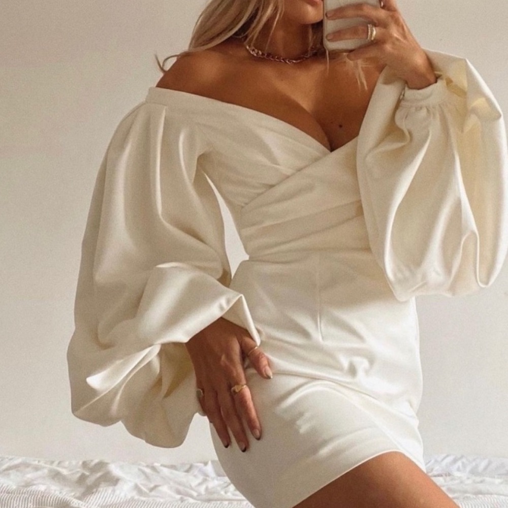 Ivory Satin Off Shoulder Balloon Sleeve Mini Bodycon Dress - Carlyn